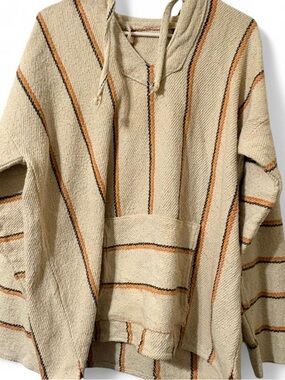 Mens Beige Striped Pullover 1970s Mexican Baja Hoodie XL